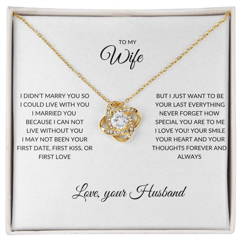 My Wife | I Married You - Love Knot Necklace (Yellow & White Gold VariImagine her reaction receiving this beautiful Love Knot Necklace. Representing an unbreakable bond between two souls, this piece features a beautiful pendant embelliJewelryShineOn FulfillmentThe Everlasting Gift