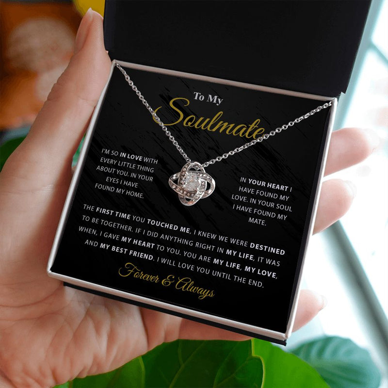 My Soulmate | My Everything - Love Knot NecklaceImagine her reaction receiving this beautiful Love Knot Necklace. Representing an unbreakable bond between two souls, this piece features a beautiful pendant embelliJewelryShineOn FulfillmentThe Everlasting Gift