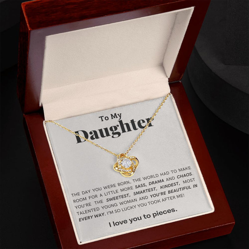 My Daughter | The Day You Were Born - Love Knot NecklaceImagine her reaction receiving this beautiful Love Knot Necklace. Representing an unbreakable bond between two souls, this piece features a beautiful pendant embelliJewelryShineOn FulfillmentThe Everlasting Gift