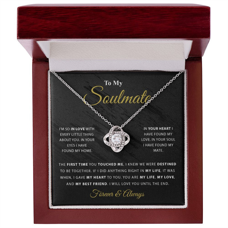 My Soulmate | My Everything - Love Knot NecklaceImagine her reaction receiving this beautiful Love Knot Necklace. Representing an unbreakable bond between two souls, this piece features a beautiful pendant embelliJewelryShineOn FulfillmentThe Everlasting Gift