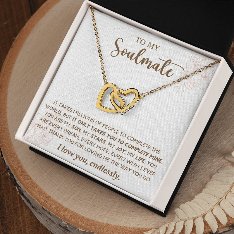 My Soulmate | It Takes Millions - Interlocking Hearts Necklace  Give her the gift that symbolizes your never-ending love. Featuring two lovely hearts embellished with cubic zirconia crystals, this Interlocking Hearts necklace iJewelryShineOn FulfillmentThe Everlasting Gift