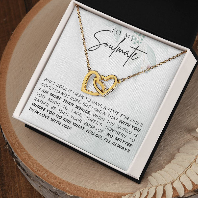 My Soulmate | What Does It Mean - Interlocking Hearts Necklace  Give her the gift that symbolizes your never-ending love. Featuring two lovely hearts embellished with cubic zirconia crystals, this Interlocking Hearts necklace iJewelryShineOn FulfillmentThe Everlasting Gift