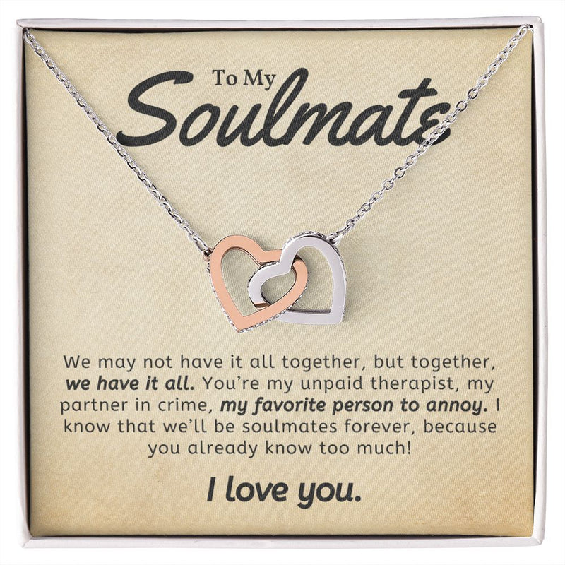 My Soulmate | We May Not Have - Interlocking Hearts Necklace  Give her the gift that symbolizes your never-ending love. Featuring two lovely hearts embellished with cubic zirconia crystals, this Interlocking Hearts necklace iJewelryShineOn FulfillmentThe Everlasting Gift