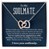 My Soulmate | When I Hold You - Interlocking Hearts Necklace  Give her the gift that symbolizes your never-ending love. Featuring two lovely hearts embellished with cubic zirconia crystals, this Interlocking Hearts necklace iJewelryShineOn FulfillmentThe Everlasting Gift