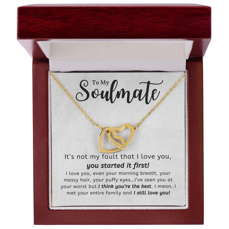 My Soulmate | It's Not My Fault - Interlocking Hearts Necklace  Give her the gift that symbolizes your never-ending love. Featuring two lovely hearts embellished with cubic zirconia crystals, this Interlocking Hearts necklace iJewelryShineOn FulfillmentThe Everlasting Gift