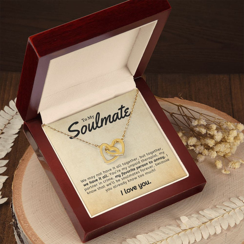 My Soulmate | We May Not Have - Interlocking Hearts Necklace  Give her the gift that symbolizes your never-ending love. Featuring two lovely hearts embellished with cubic zirconia crystals, this Interlocking Hearts necklace iJewelryShineOn FulfillmentThe Everlasting Gift