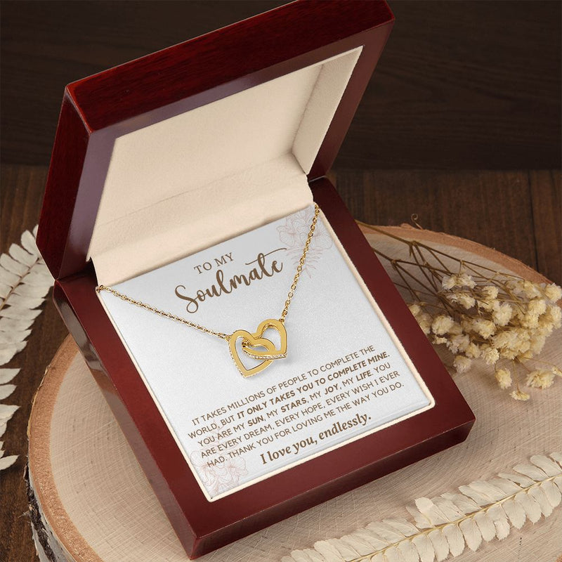 My Soulmate | It Takes Millions - Interlocking Hearts Necklace  Give her the gift that symbolizes your never-ending love. Featuring two lovely hearts embellished with cubic zirconia crystals, this Interlocking Hearts necklace iJewelryShineOn FulfillmentThe Everlasting Gift