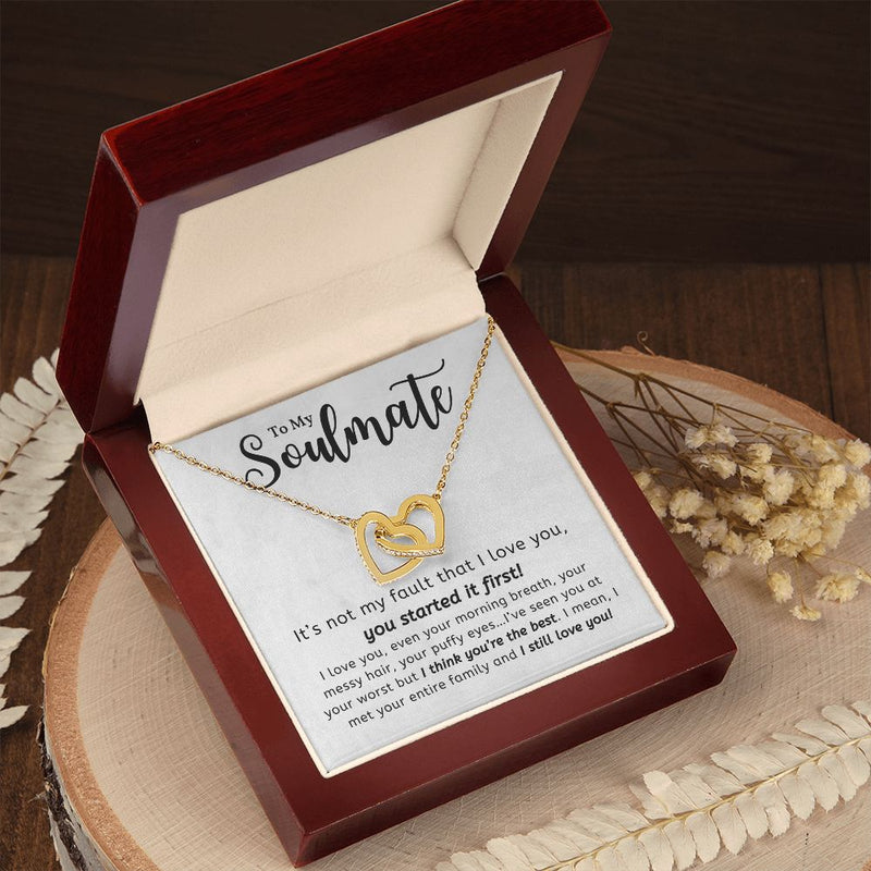 My Soulmate | It's Not My Fault - Interlocking Hearts Necklace  Give her the gift that symbolizes your never-ending love. Featuring two lovely hearts embellished with cubic zirconia crystals, this Interlocking Hearts necklace iJewelryShineOn FulfillmentThe Everlasting Gift