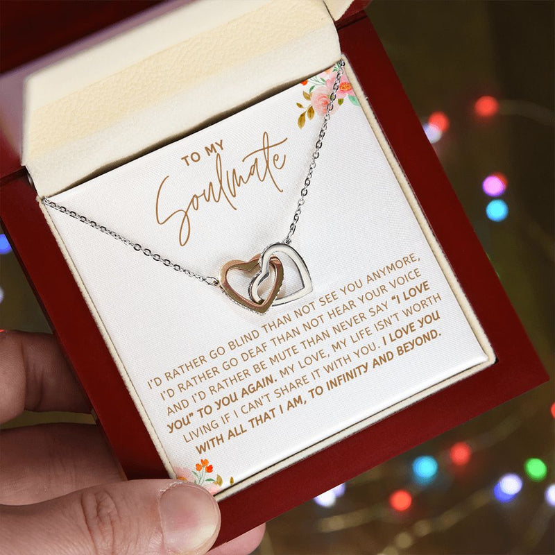 My Soulmate | Rather Go - Interlocking Hearts Necklace  Give her the gift that symbolizes your never-ending love. Featuring two lovely hearts embellished with cubic zirconia crystals, this Interlocking Hearts necklace iJewelryShineOn FulfillmentThe Everlasting Gift