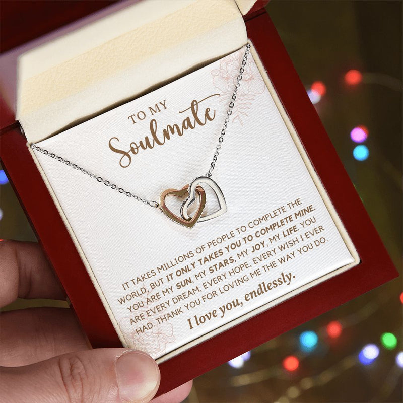 My Soulmate | It Takes Millions - Interlocking Hearts Necklace  Give her the gift that symbolizes your never-ending love. Featuring two lovely hearts embellished with cubic zirconia crystals, this Interlocking Hearts necklace iJewelryShineOn FulfillmentThe Everlasting Gift