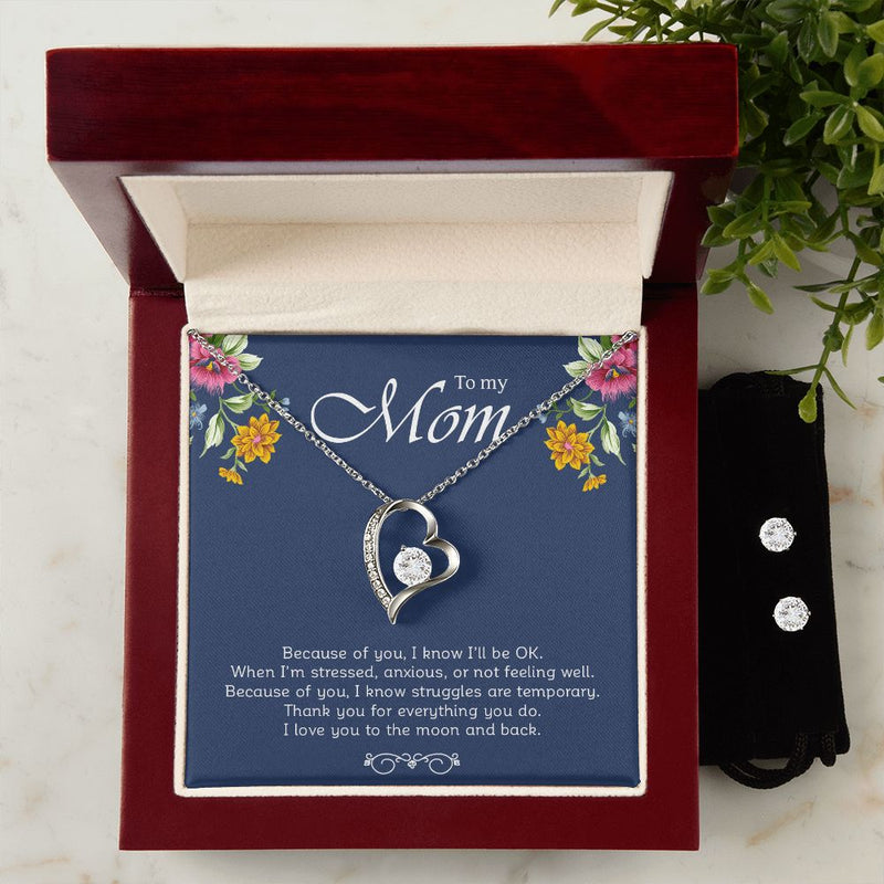 My Mom | Because of You - Forever Love Necklace + Clear CZ EaringsGive your loved one a gift that will make their heart swell! The Forever Love Necklace and Cubic Zirconia Earring Set is sure to do the trick. This necklace and earrJewelryShineOn FulfillmentThe Everlasting Gift