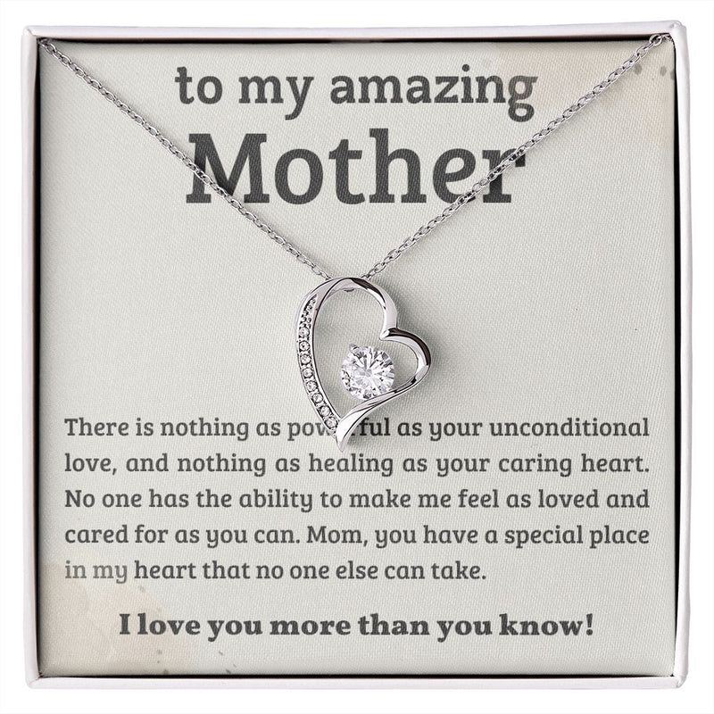 My Amazing Mother | Nothing As Powerful - Forever Love NecklaceThe dazzling Forever Love Necklace is sure to make her heart melt! This necklace features a stunning 6.5mm CZ crystal surrounded by a polished heart pendant embellisJewelryShineOn FulfillmentThe Everlasting Gift