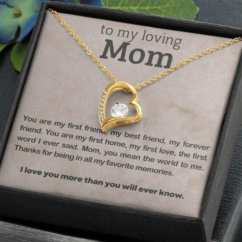 My Loving Mom | My First Friend - Forever Love NecklaceThe dazzling Forever Love Necklace is sure to make her heart melt! This necklace features a stunning 6.5mm CZ crystal surrounded by a polished heart pendant embellisJewelryShineOn FulfillmentThe Everlasting Gift